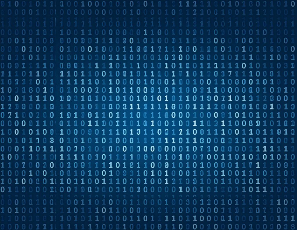 青い背景に無数の0と1の数字（バイナリコード）が並んでいる、デジタル技術やデータ、プログラミングを象徴するイメージ画像。