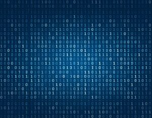 青い背景に無数の0と1の数字（バイナリコード）が並んでいる、デジタル技術やデータ、プログラミングを象徴するイメージ画像。