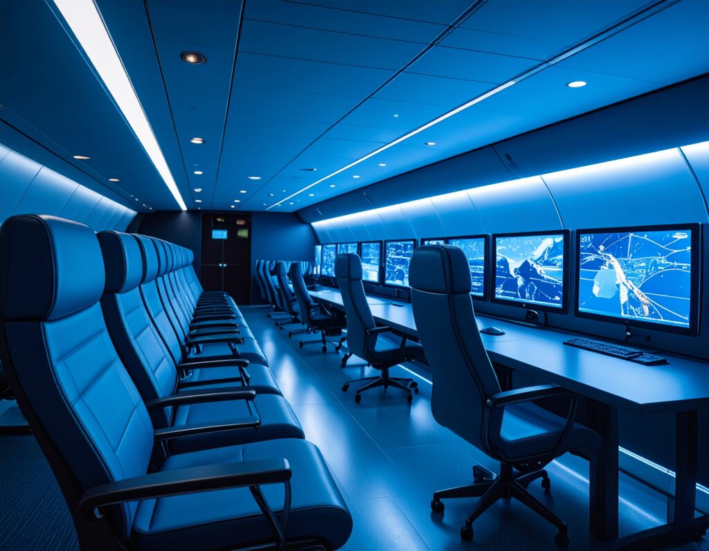 青色の照明で満たされた現代的なコントロールルーム。多数のモニターには地図やデータが表示され、手前には整然と並んだ青い革製の椅子が並んでいる。静かで集中した雰囲気が感じられる。
