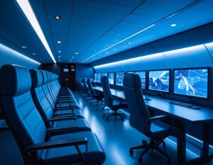 青色の照明で満たされた現代的なコントロールルーム。多数のモニターには地図やデータが表示され、手前には整然と並んだ青い革製の椅子が並んでいる。静かで集中した雰囲気が感じられる。
