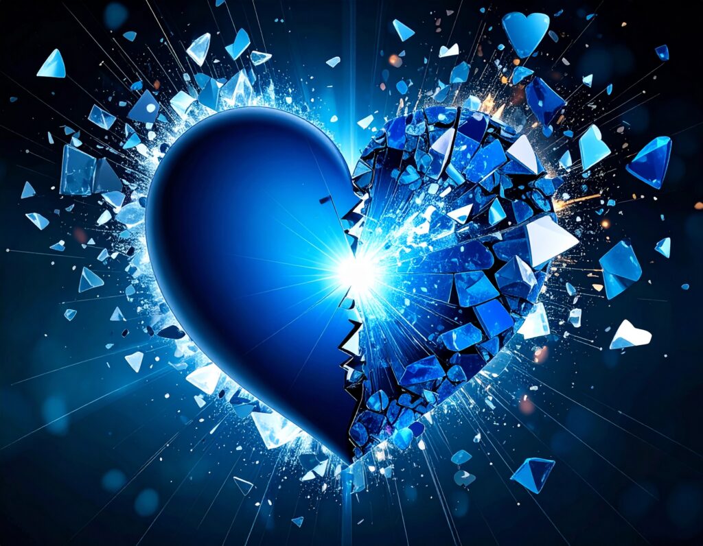 輝く青いハートが砕け散り、光と破片が四方に飛び散る抽象的なイメージ。心や感情の爆発、あるいはデータの分解・再構築を連想させる。