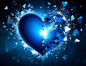 輝く青いハートが砕け散り、光と破片が四方に飛び散る抽象的なイメージ。心や感情の爆発、あるいはデータの分解・再構築を連想させる。