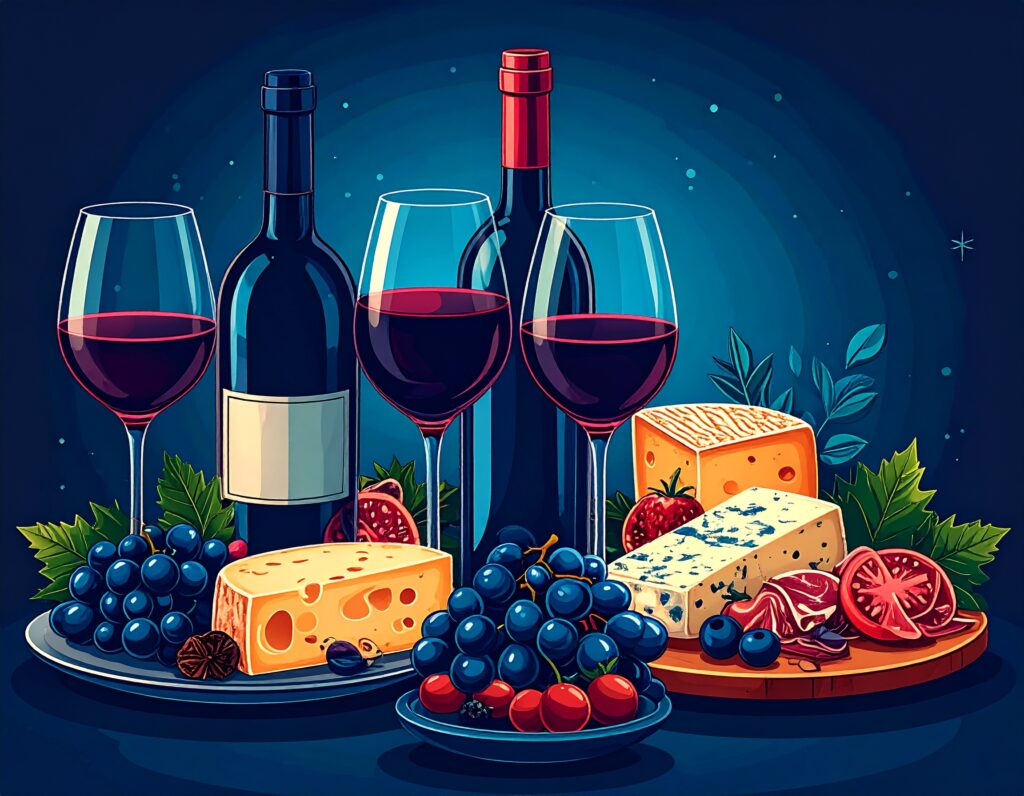 赤ワインのボトル2本とグラスに注がれたワイン、数種類のチーズ、そして豊かに盛り付けられたぶどうやベリー類を描いた色彩豊かなイラスト。背景は星空のような濃い青色で、贅沢な食卓の情景が表現されている。