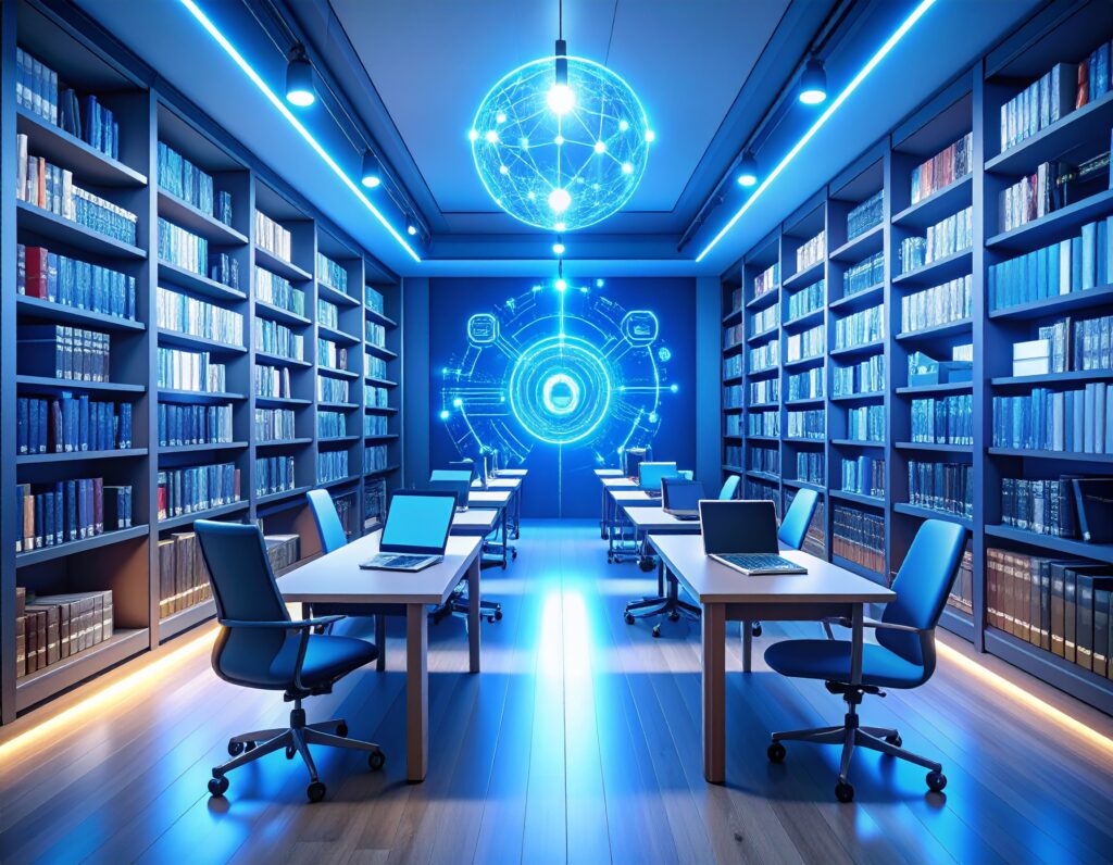 未来的な図書館。青い光に照らされた書架が並び、中央にはホログラフィックな地球儀のような球体と、ターゲットマークのようなデザインが浮かび上がっている。各机にはノートパソコンが置かれ、学習スペースのようである。