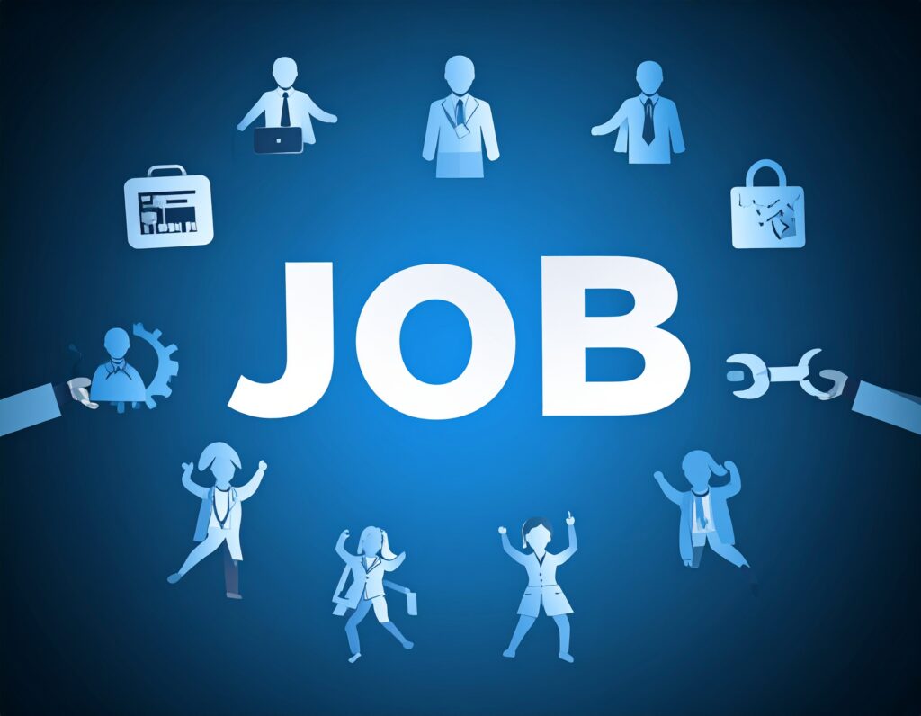 「青い背景に『JOB』の文字と、さまざまな職業を象徴するアイコンが並ぶイラスト」