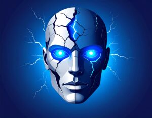 青く輝く目を持つ、ひび割れたアンドロイドの顔のイラスト。亀裂や周囲からは青い電撃が放たれており、AIのパワーと潜在的なリスクを象徴している。