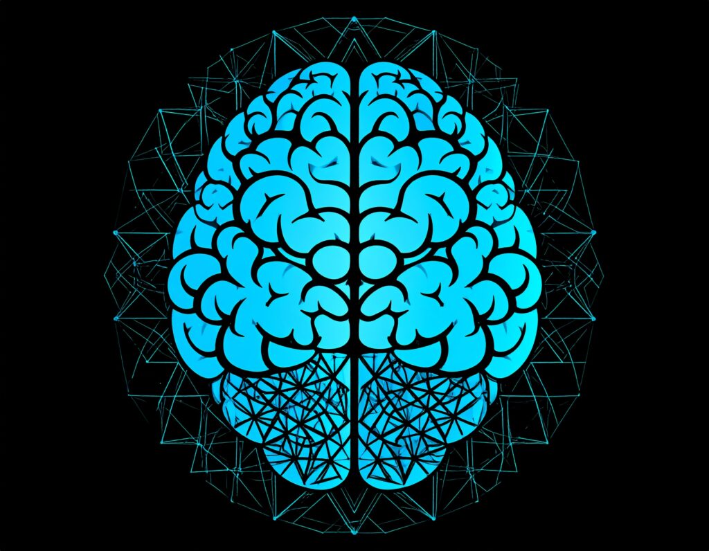 黒い背景に、青い光で描かれた脳のイラスト。脳の下半分と、脳全体を覆う球状のネットワークは、デジタルやAIのニューラルネットワークを思わせる幾何学的な線で構成されている。知性、テクノロジー、人工知能（AI）を象徴するイメージ。