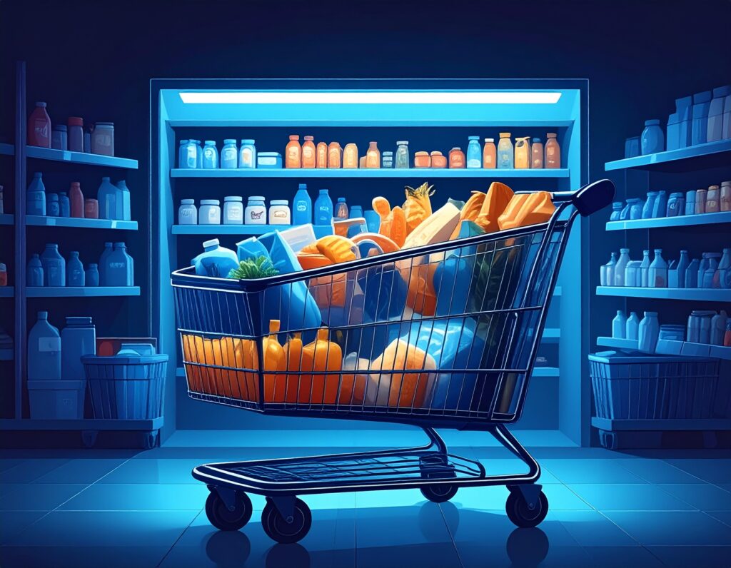 青い光で照らされた未来的な雰囲気のスーパーマーケットの通路に、パンや果物などの食料品が満載のショッピングカートが置かれているイラスト。AIによる購買データ分析や、スマートリテールの概念を象徴している。