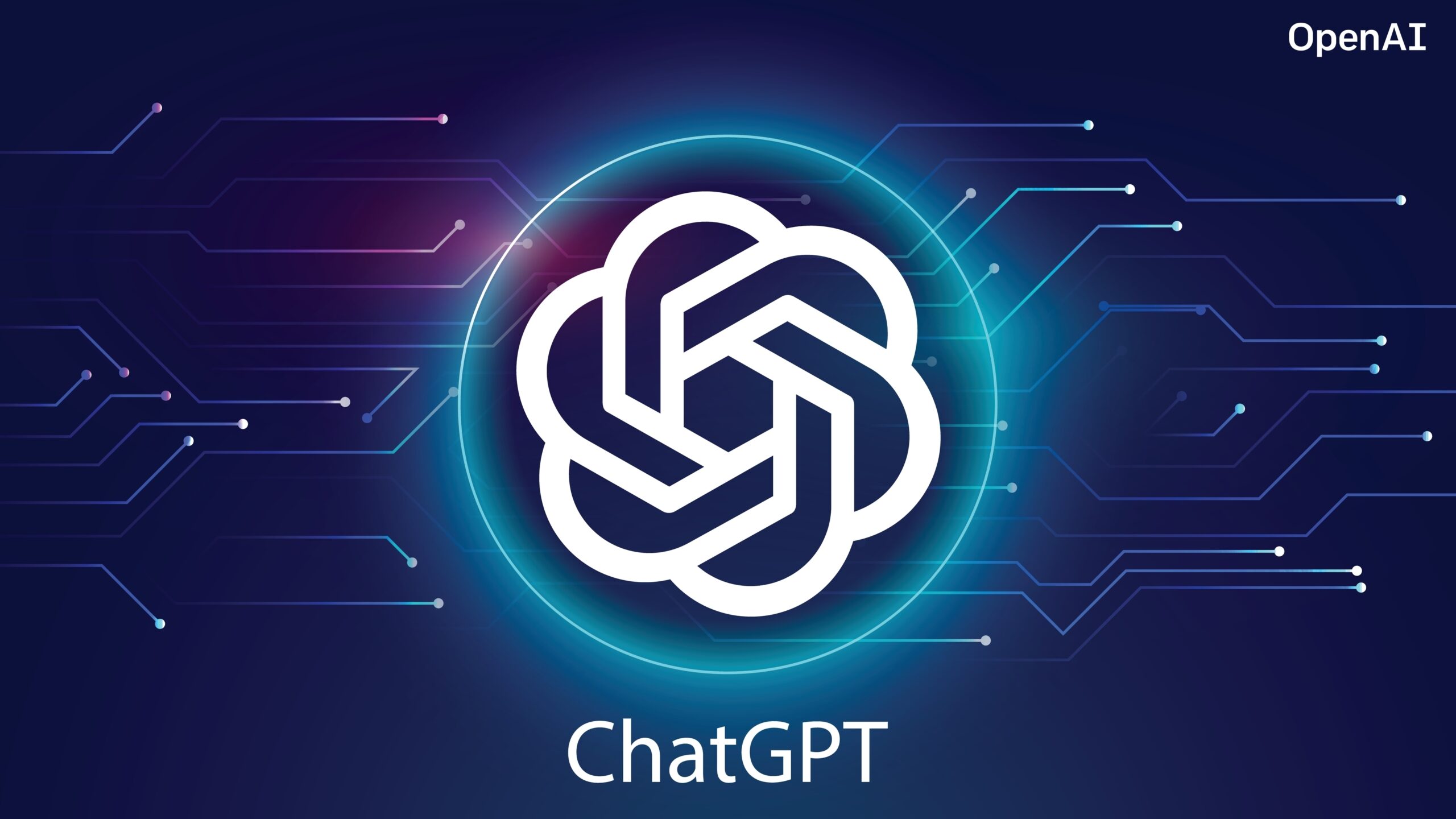 OpenAIのChatGPTのロゴマーク。光る円の中に絡み合ったようなデザインが描かれ、未来的な背景が特徴。