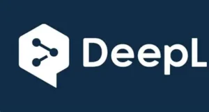 AI翻訳ツール「DeepL」の公式ロゴ画像。濃紺の背景に、ニューラルネットワークを模したアイコンと「DeepL」の白文字が配置されている。