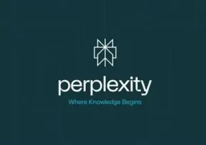 AI検索エンジンPerplexityの公式ロゴ。深緑色の背景に、幾何学的なデザインのロゴマークと、白文字で「perplexity」、その下に「Where Knowledge Begins」というタグラインが書かれている。