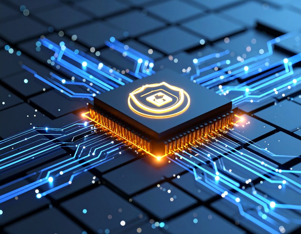 中央でオレンジ色に輝くマイクロチップの画像。チップの上にはセキュリティを象徴する盾のアイコンが描かれている。チップからは青く光る電子回路が四方八方に伸びており、信頼性の高いAI技術がハブとなり、様々なビジネス分野へ安全に接続・展開していく様子を表現している。