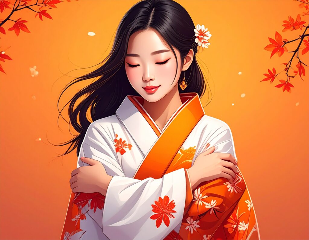 秋の紅葉を背景に、オレンジと白の着物を着た黒髪の女性が、目を閉じて穏やかな表情で自分自身を優しく抱きしめているイラスト。