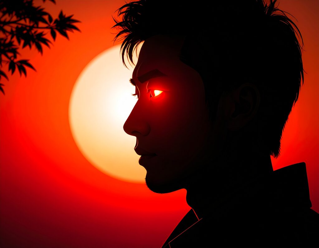 赤い夕日を背景に、目が赤く光っている男性の横顔のシルエット。