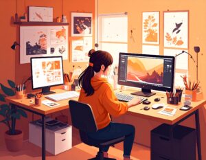 オレンジ色のパーカーを着た女性が、2台のモニターが置かれたクリエイティブな作業部屋でデジタルアートを制作しているイラスト。