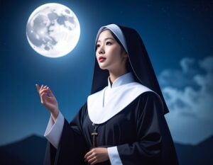 夜空に浮かぶ大きな満月を見上げる、修道女の服装をした若いアジア系の女性。彼女は穏やかな表情で、右手をそっと上げている。