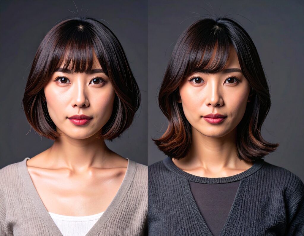 同じ女性のビフォーアフター比較写真。左は黒髪ボブスタイルで堅実な印象、右はヘアカラーとウェーブのある髪型で、より華やかで垢抜けた印象に変化している。