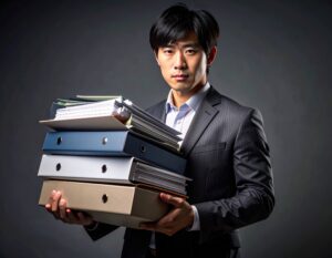 黒いストライプのスーツを着たアジア系のビジネスマンが、正面を向き、両腕いっぱいに積み重ねられた4冊のバインダーと書類を抱えている写真。背景は濃いグレー。