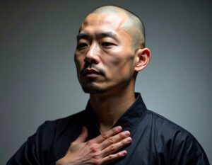 黒い服を着た坊主頭のアジア人男性が、自分の胸に右手を当て、決意を秘めた表情で遠くを見つめている様子。