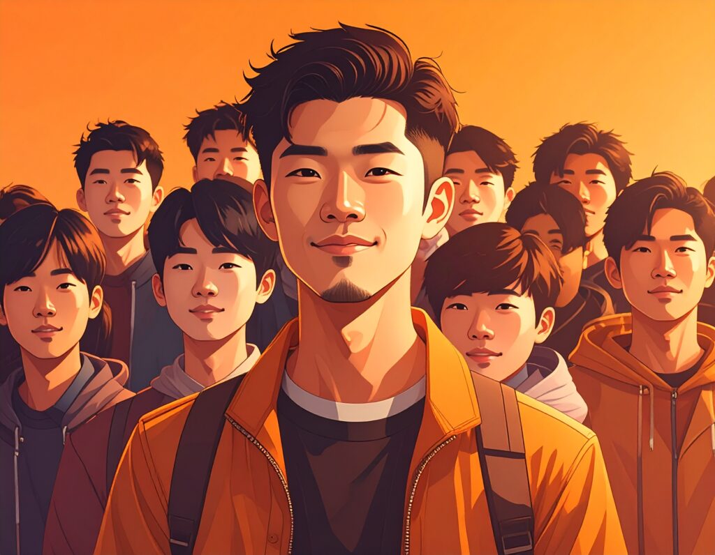 大勢の若者たちの中心に立ち、自信にあふれた表情で正面を見つめる若い男性のイラスト。