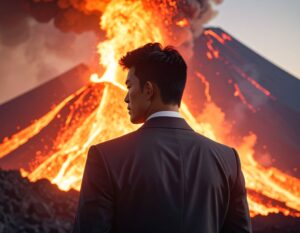 ビジネススーツを着た男性が、背後で噴火する火山の溶岩を静かに見つめている画像。困難な状況に立ち向かうビジネスマンの姿を象徴している。