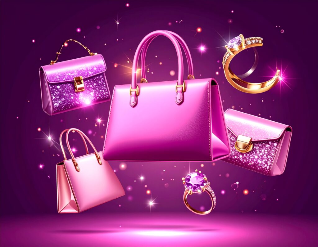ピンクや紫色の様々な形のハンドバッグ4点と、宝石のついた金の指輪2点が、キラキラとした光に包まれながら浮かんでいる、魅惑的なイラスト。