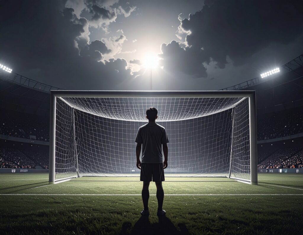 夜のサッカースタジアムで、ゴール前に立つ選手のシルエット。背後には強いライトと観客席が広がっている。