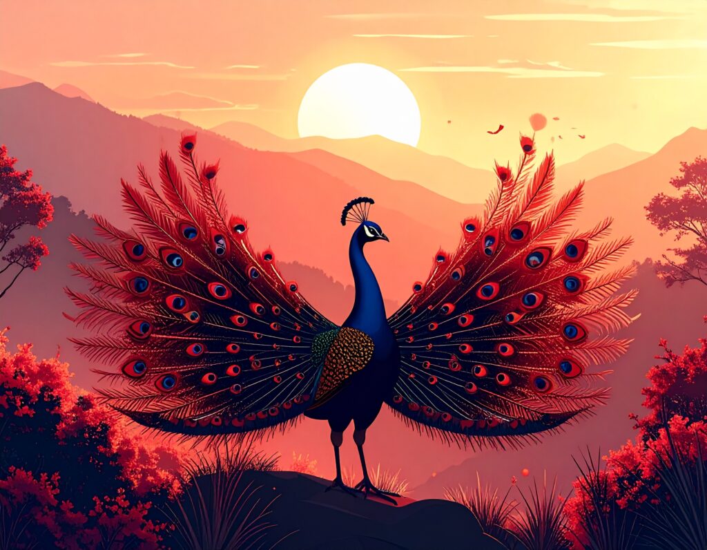 夕日を背景にした山々の前で、一羽の雄の孔雀が赤と青の美しい飾り羽を大きく広げている、幻想的で美しいイラスト。