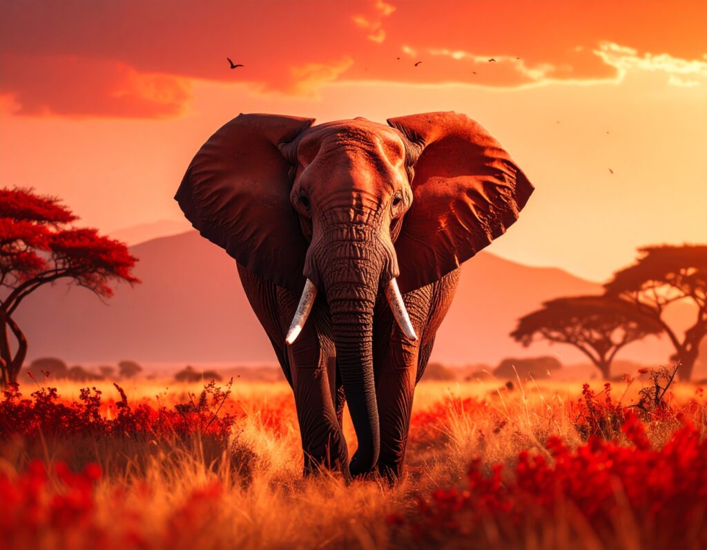 夕焼けの空を背景に、真っ直ぐこちらを向いて立つアフリカゾウ。赤い花が咲くサバンナの草原に、アカシアの木や遠くの山々が見える。