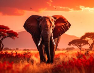 夕焼けの空を背景に、真っ直ぐこちらを向いて立つアフリカゾウ。赤い花が咲くサバンナの草原に、アカシアの木や遠くの山々が見える。