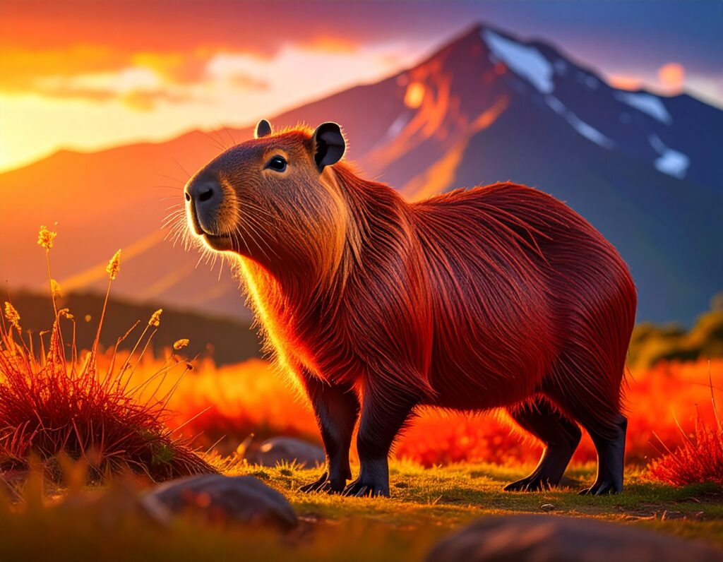 雄大な雪山の麓、夕日に照らされた草原にたたずむカピバラのイラスト。穏やかな表情で遠くを見つめており、その全身が暖かい光に包まれている。