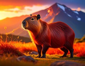 雄大な雪山の麓、夕日に照らされた草原にたたずむカピバラのイラスト。穏やかな表情で遠くを見つめており、その全身が暖かい光に包まれている。