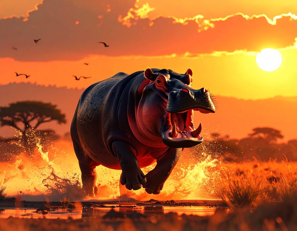 夕日に照らされたサバンナの水辺で、大きな口を開けたカバが、水を激しく飛び散らせながら突進してくる迫力のあるイラスト。