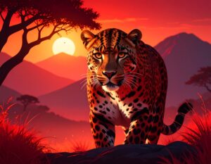 燃えるような赤い夕日に染まるサバンナを背景に、一頭のヒョウがこちらに向かって力強く歩いてくる様子のイラスト。鋭い眼差しでまっすぐ前を見つめている。