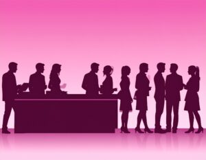 受付カウンターのような場所で、多くの人々が列を作って順番を待っている様子のシルエットイラスト。