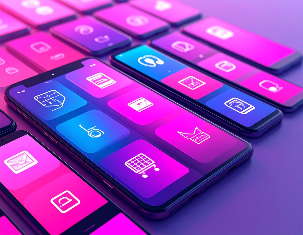 紫や青の鮮やかなグラデーションを背景に、多数のスマートフォンが整然と並べられている画像。それぞれの画面には、ショッピングカートや地図、メールなど、デザイン性の高い様々なアプリアイコンが表示されている。