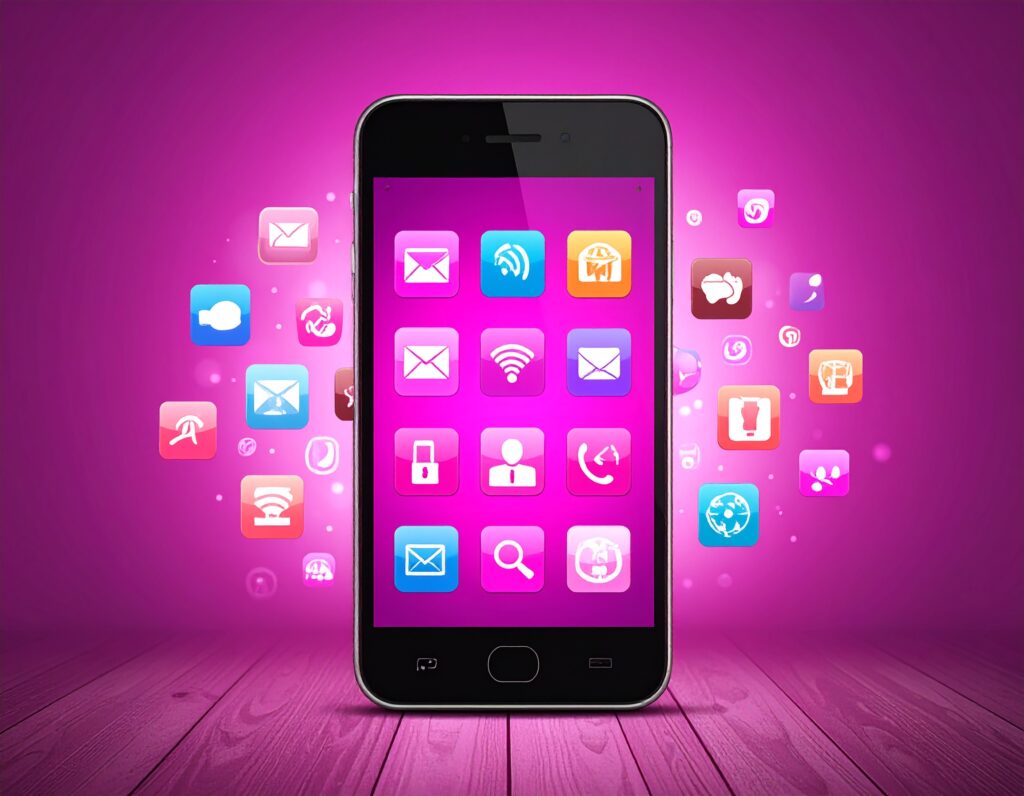 紫色の背景に置かれたスマートフォンのイラスト。画面にはメールや検索などのアプリのアイコンが並び、スマホの周りにも多数のアイコンが浮遊しており、活発なアプリの生態系を象徴している。