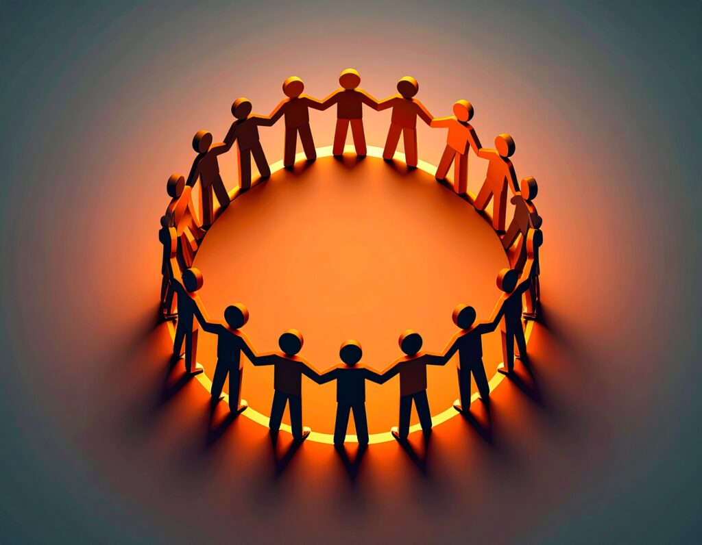 オレンジ色の光を中心に、たくさんの人々が手をつないで大きな輪を作っているイラスト
