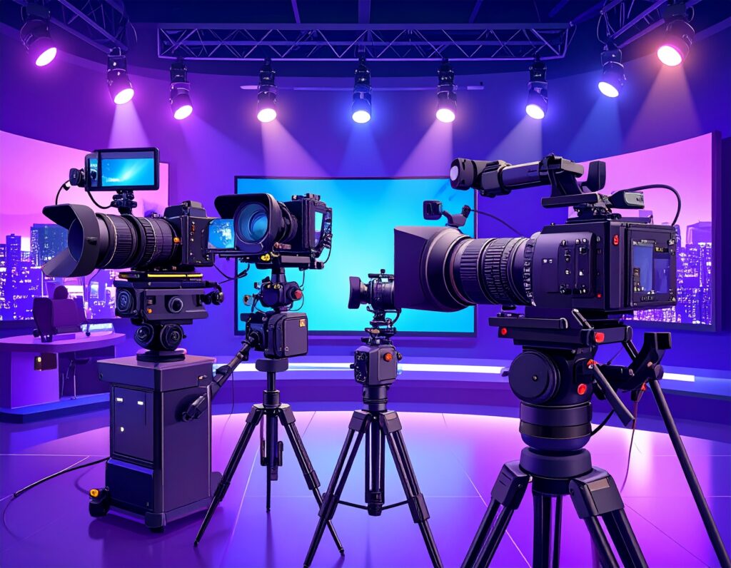 プロ仕様の大型ビデオカメラや照明機材が設置されたテレビスタジオのセット。高額なコストと専門チームが必要な、本格的な映像制作の現場を象徴するイメージ。