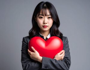 赤い大きなハートを両手で抱きしめている、黒髪のビジネスウーマンのポートレート。背景はグレー。