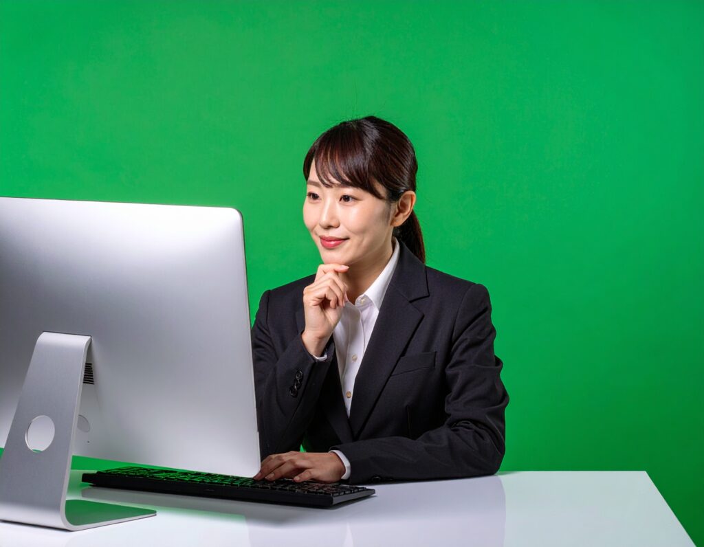 緑色の背景のオフィスで、スーツを着た女性がパソコンの画面を見ながらにこやかに微笑んでいる。片手はキーボードに、もう片方の手は顎に当て、前向きに業務に取り組んでいる様子。