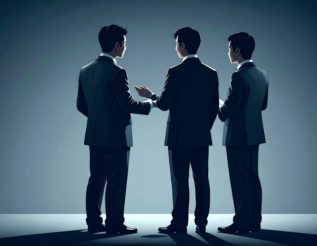 ビジネスマン3人が真剣な表情で話し合っている様子。フィードバックや議論をする場面をイメージさせる。
