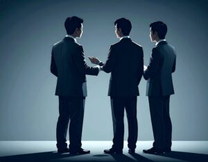 ビジネスマン3人が真剣な表情で話し合っている様子。フィードバックや議論をする場面をイメージさせる。