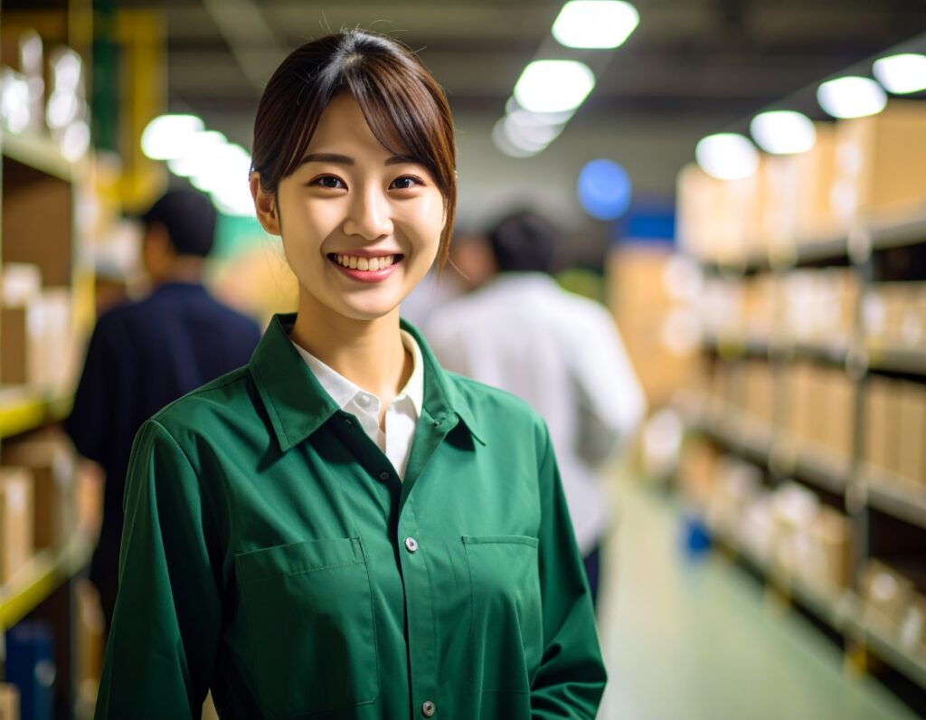 倉庫のような場所で、緑色の作業着を着た若い女性が笑顔でこちらを見ている写真。背景にはぼやけた棚と他の作業員のような人物が写っている。