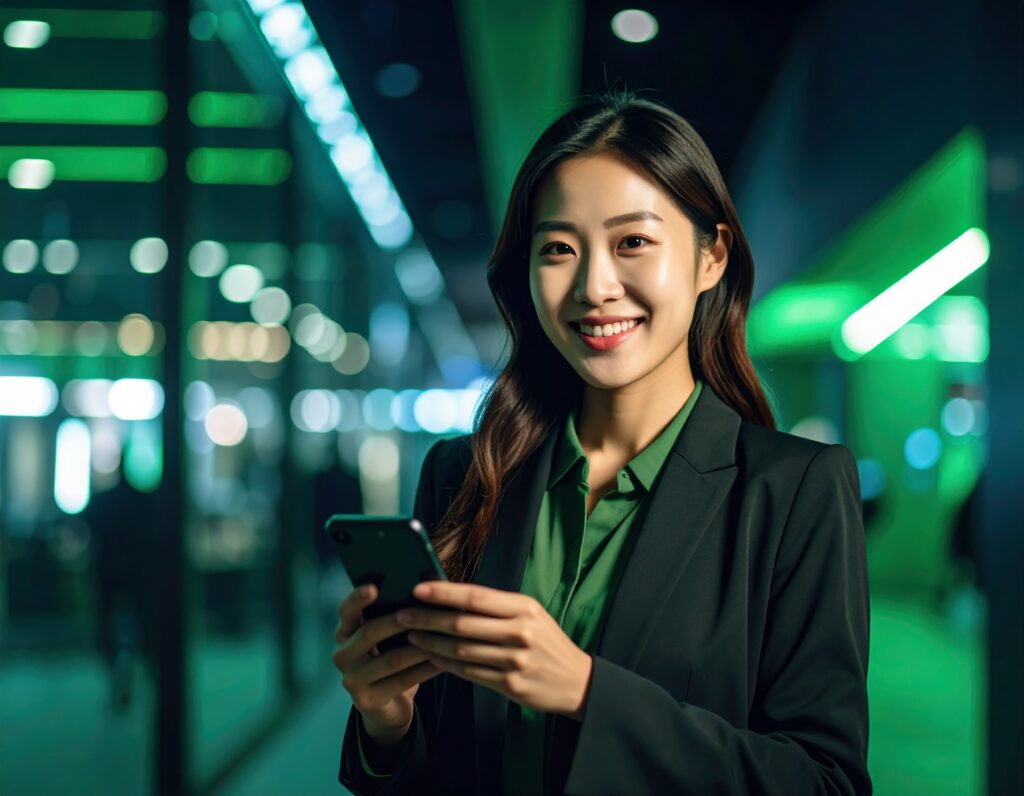 夜の近代的なオフィスで、スマートフォンを手に持ち、こちらを見て自信に満ちた笑顔を浮かべるスーツ姿の若い女性。背景の緑色の照明が、先進的な雰囲気を醸し出している。