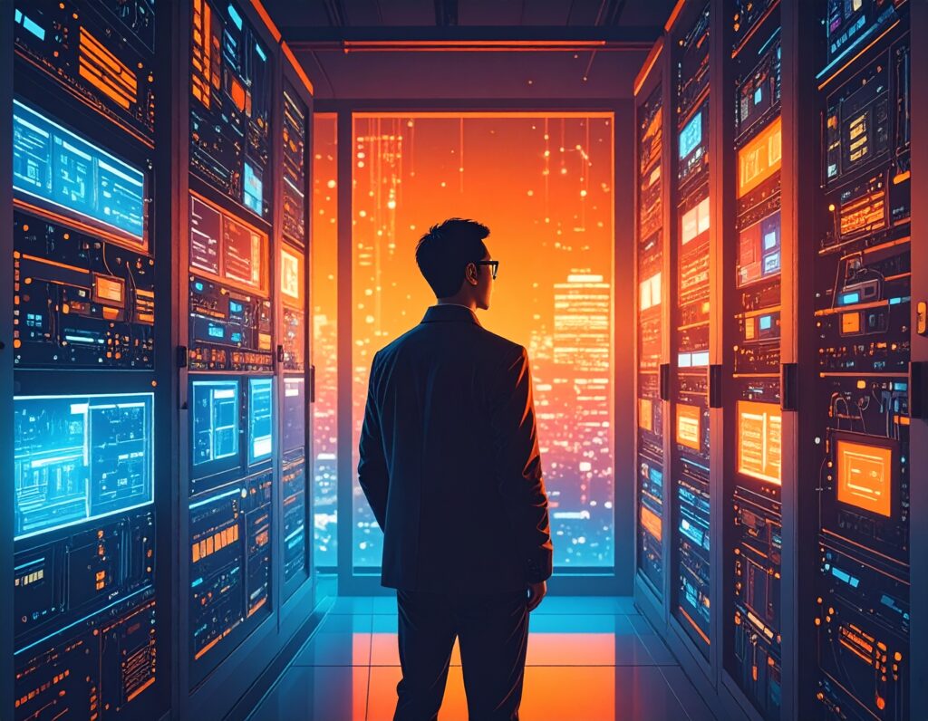 サーバーラックが両脇に並ぶデータセンターで、窓の外に広がる夜景を見つめるスーツ姿の男性の後ろ姿。AIやデータ戦略の未来を構想しているイメージ。