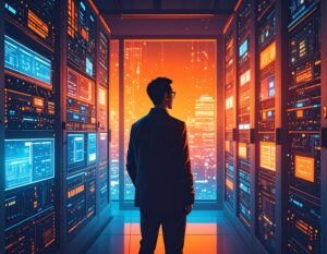 サーバーラックが両脇に並ぶデータセンターで、窓の外に広がる夜景を見つめるスーツ姿の男性の後ろ姿。AIやデータ戦略の未来を構想しているイメージ。