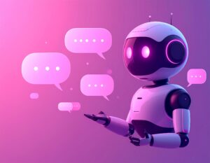 未来的なデザインのロボットが、会話を示す吹き出しを手のひらの上に浮かべている、AIチャットボットのイメージイラスト。