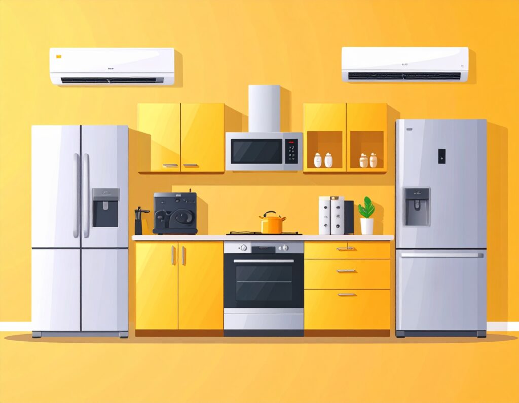 黄色い壁と木目調のキッチンに設置された、エアコン、電子レンジ、冷蔵庫などの家電製品のイラスト。