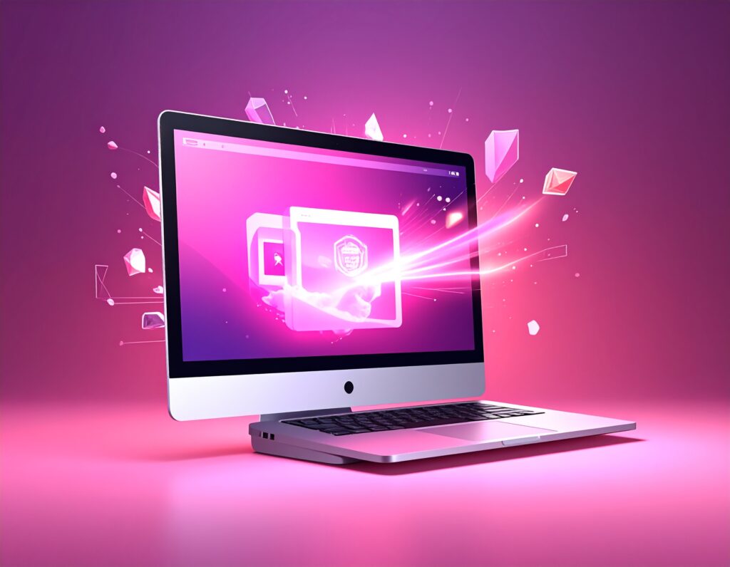 紫とピンク色の背景に置かれたノートパソコンのイラスト。画面からは力強い光が放たれ、周囲には幾何学的なオブジェクトが飛び交っており、テクノロジーの力強さやスピード感を表現している。